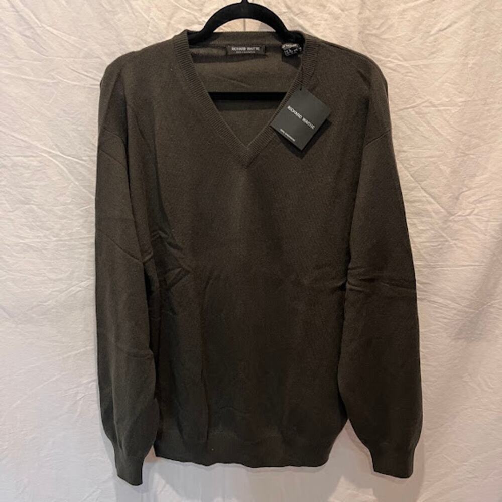 NWT Richard Waithe Sweater Jumper Cashmere Mens V Neck Olive Sz L